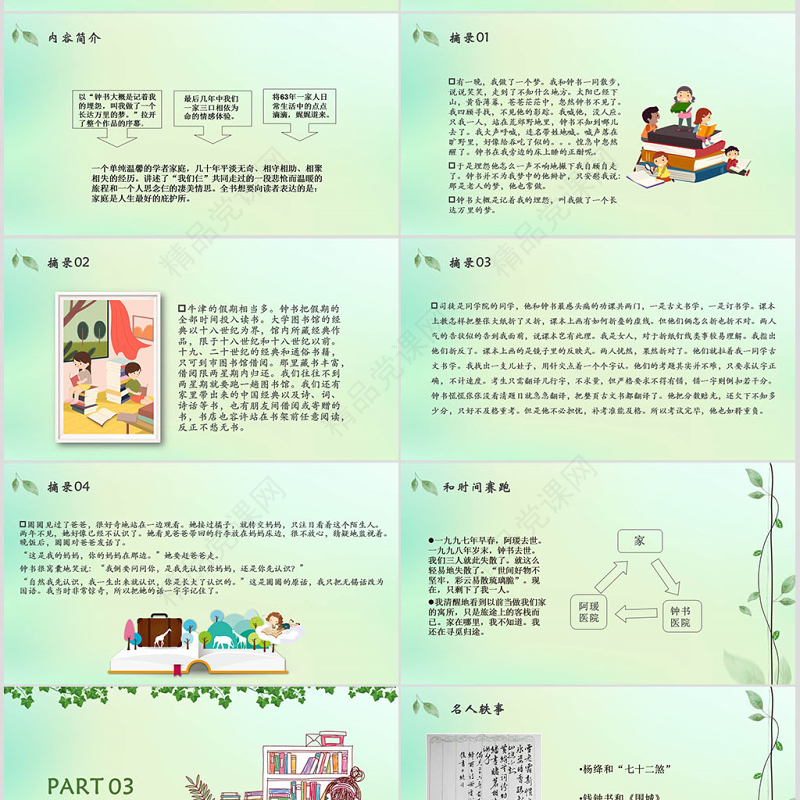 小清新绿叶语文课件我们仨读书报告读书分享PPT模版