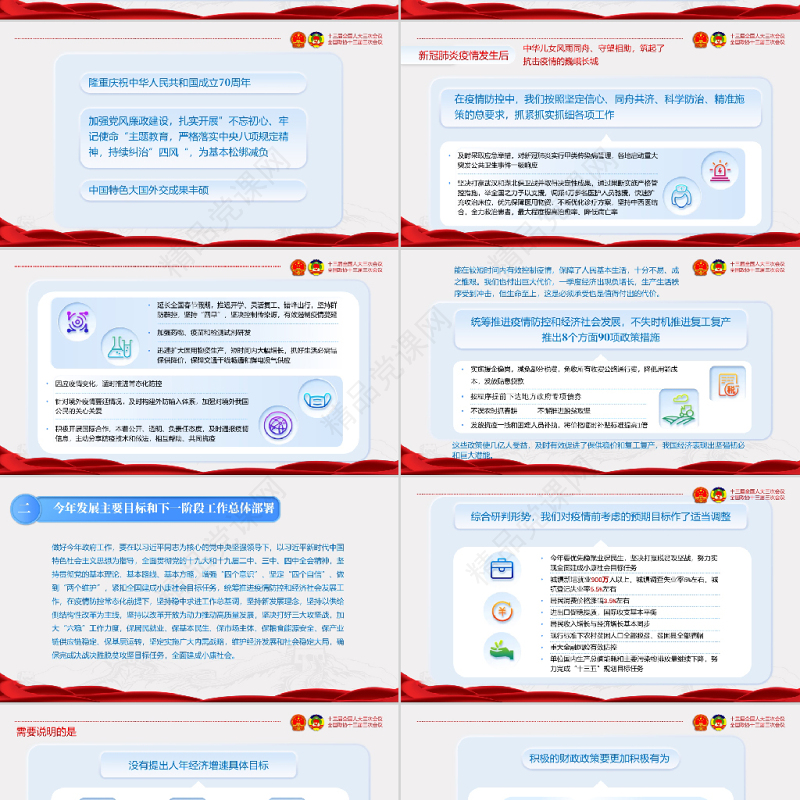 蓝色红色新拟态风全国两会聚焦两会精神PPT模版