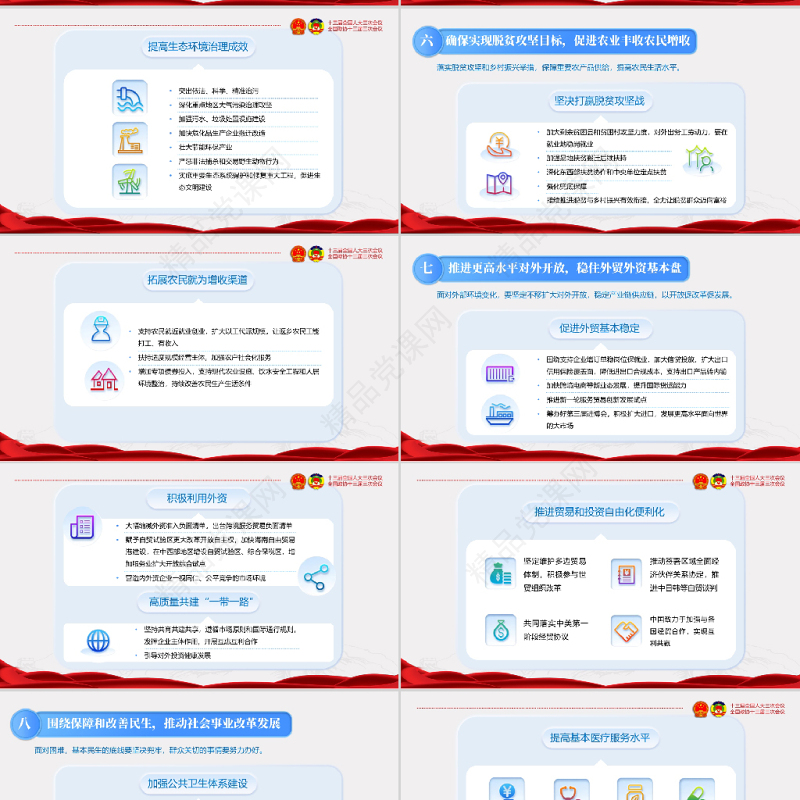 蓝色红色新拟态风全国两会聚焦两会精神PPT模版