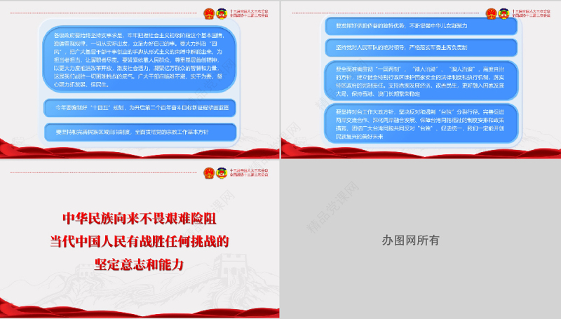 蓝色红色新拟态风全国两会聚焦两会精神PPT模版