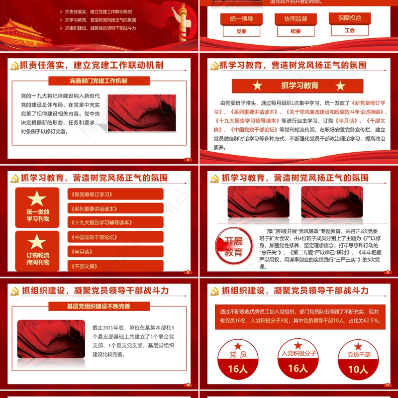 2022基层党支部年终述职PPT红色大气机关事业单位年终述职专题党课课件模板