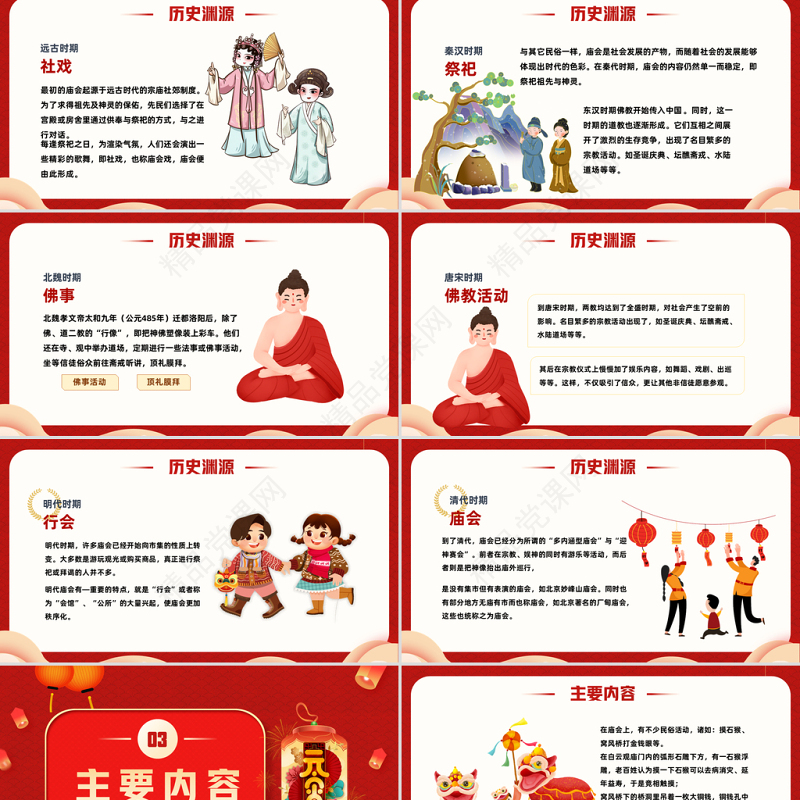 2023逛庙会PPT喜庆中国风兔年新春庙会知识介绍模板课件