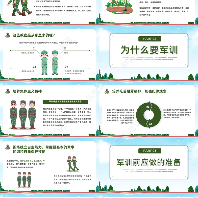 2022迷彩青春在此启航PPT卡通风秋季大一新生军训课件模板下载