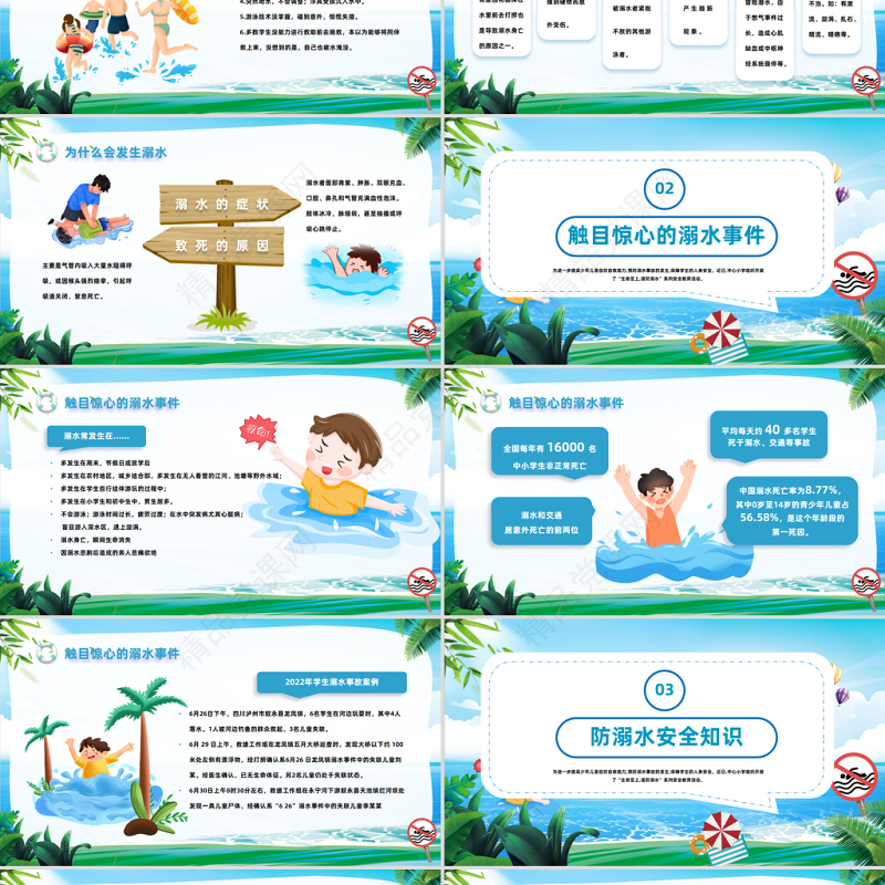 2024防溺水齐行动PPT精美卡通中小学生防溺水安全教育主题班会模板课件