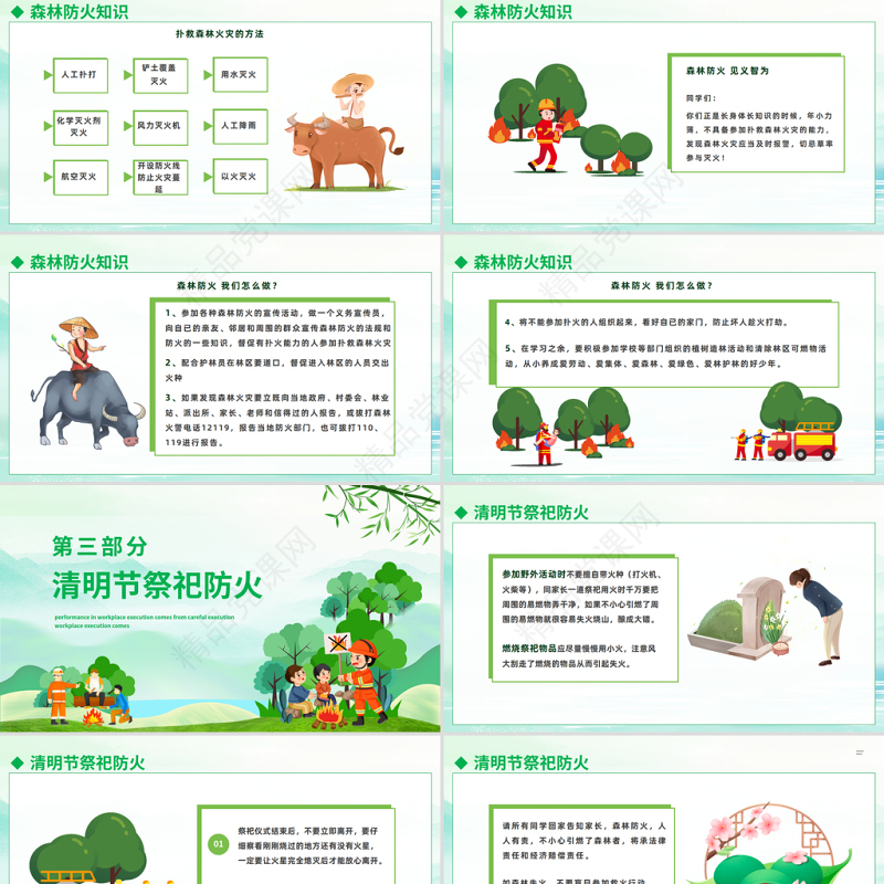 2024清明节森林防火宣传PPT清新精美卡通清明节森林安全防火宣讲模板课件