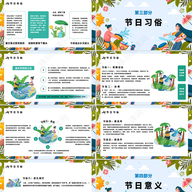 2024传统节日泼水节PPT卡通插画风傣族传统节日泼水节知识介绍课件下载