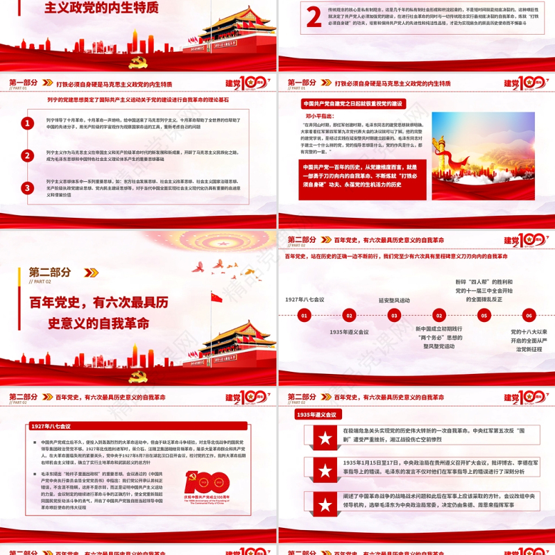 2021百年党史最具历史意义的六次自我革命PPT热烈庆祝中国共产党成立100周年红的优质党政风党课模板