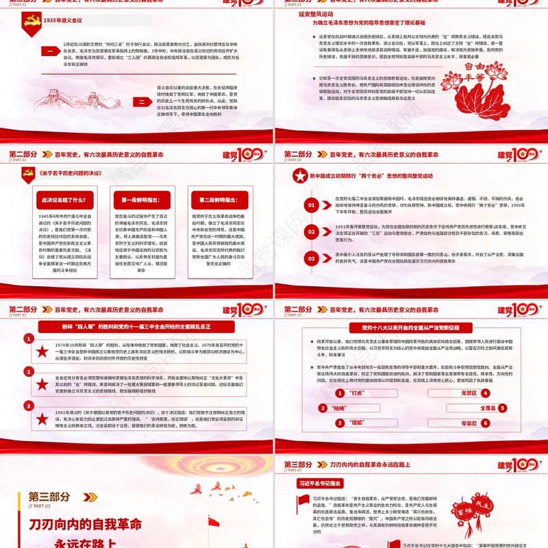 2021百年党史最具历史意义的六次自我革命PPT热烈庆祝中国共产党成立100周年红的优质党政风党课模板