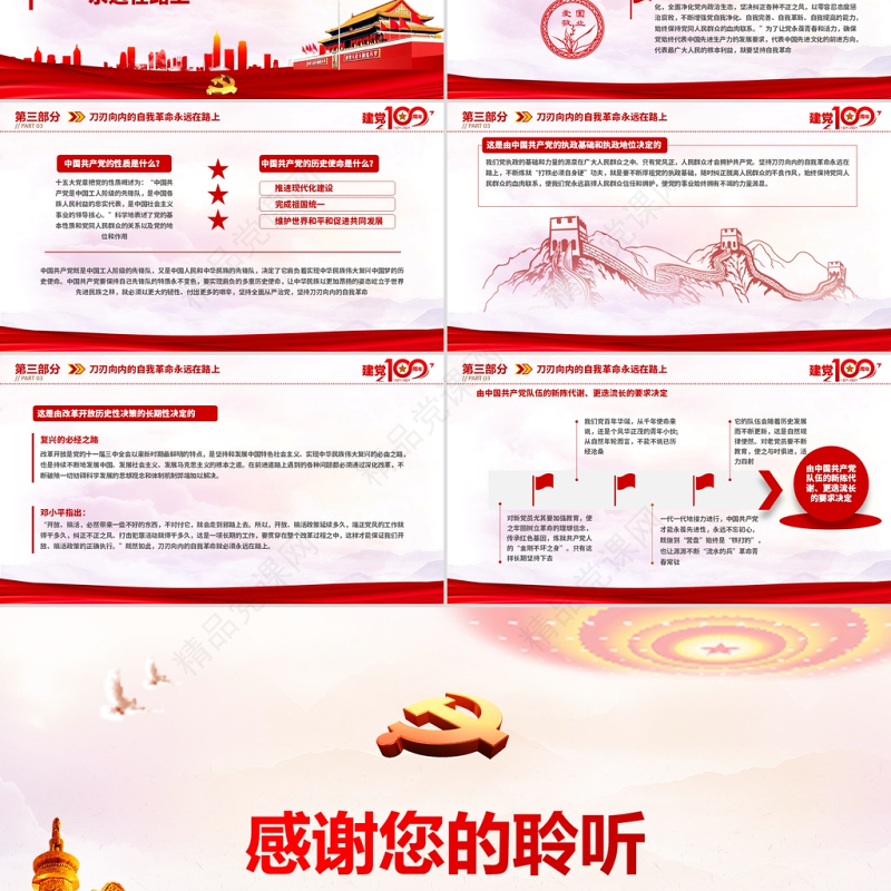 2021百年党史最具历史意义的六次自我革命PPT热烈庆祝中国共产党成立100周年红的优质党政风党课模板
