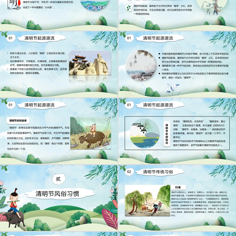 绿色水彩卡通清明节习俗介绍主题PPT模板