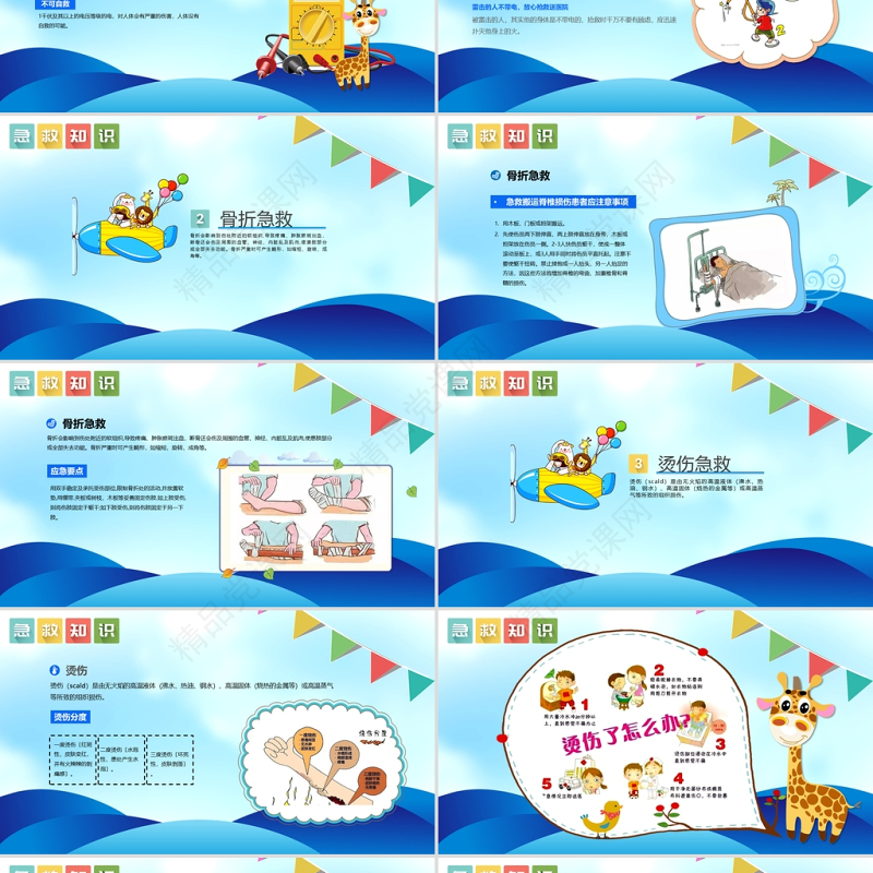 蓝色卡通风小学生常用急救知识PPT模板