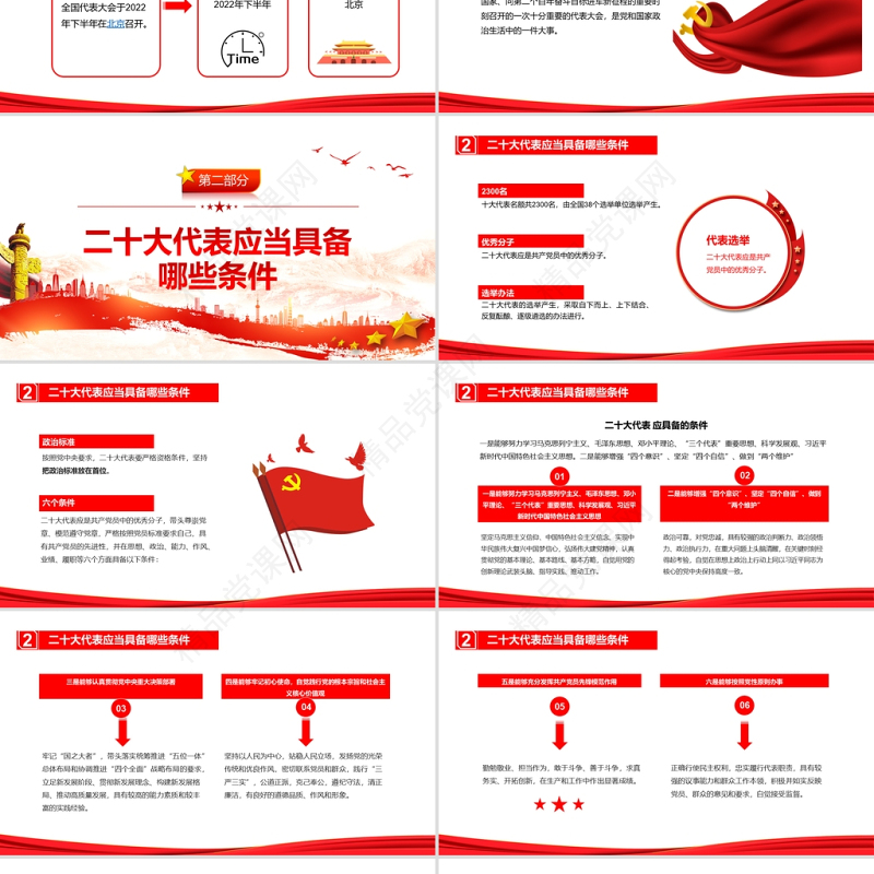 喜迎党的二十大PPT党政风喜庆了解二十大及二十大代表应当具备的条件党课课件