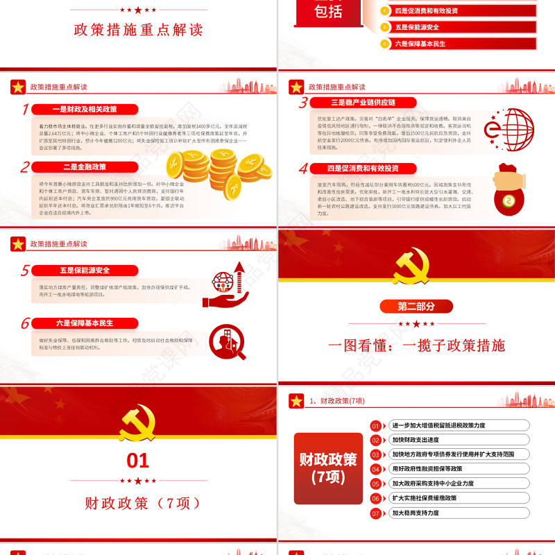 6方面33项稳经济一揽子政策措施PPT红色大气风党员干部学习教育专题党课课件模板