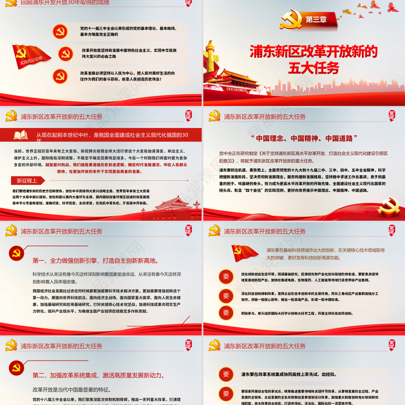 红色简约党政风学习习总书记浦东开发开放三十周年大会上讲话pp