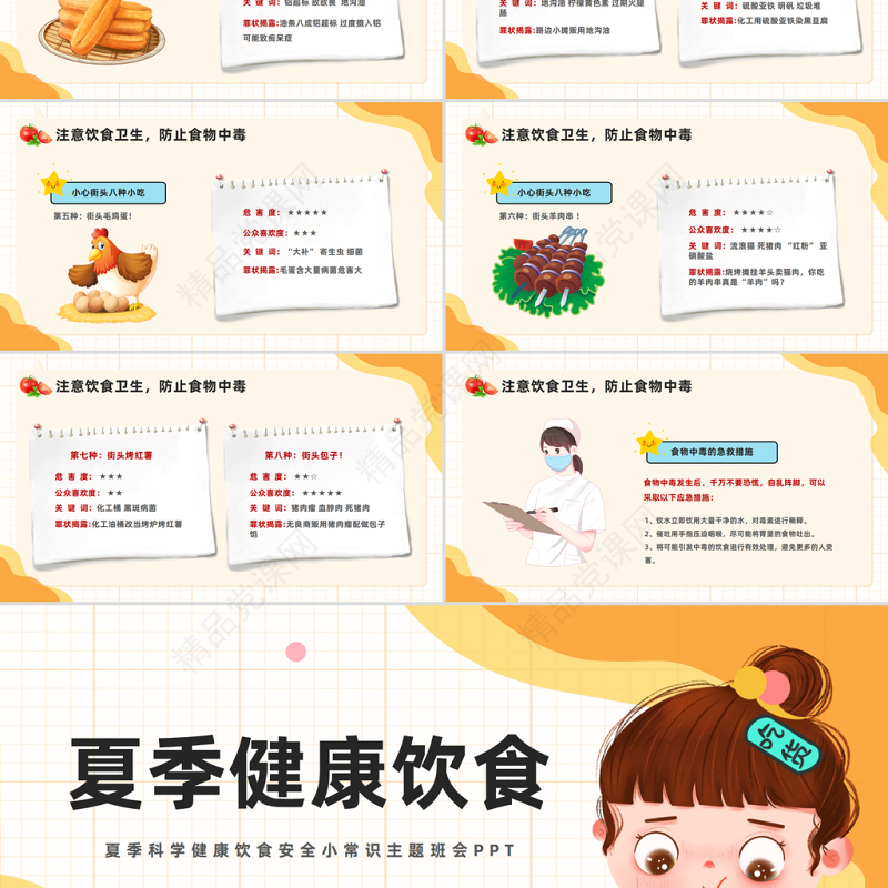 2024夏季健康饮食PPT精美卡通注意饮食卫生防止食物中毒主题班会课件下载