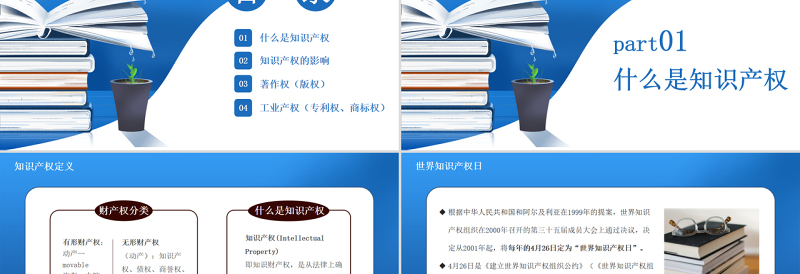 蓝色简约世界知识产权日尊重保护知识和财富科学技术推进文明PPT