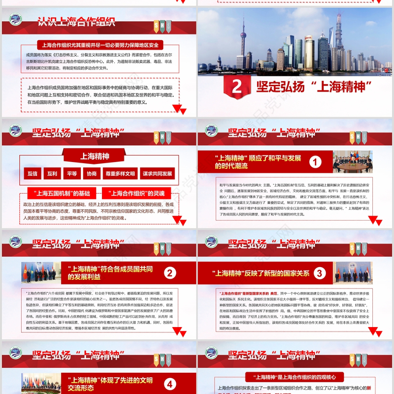 红色简约风地域党课之弘扬上海精神上海党课演讲上海合作组织ppt模板