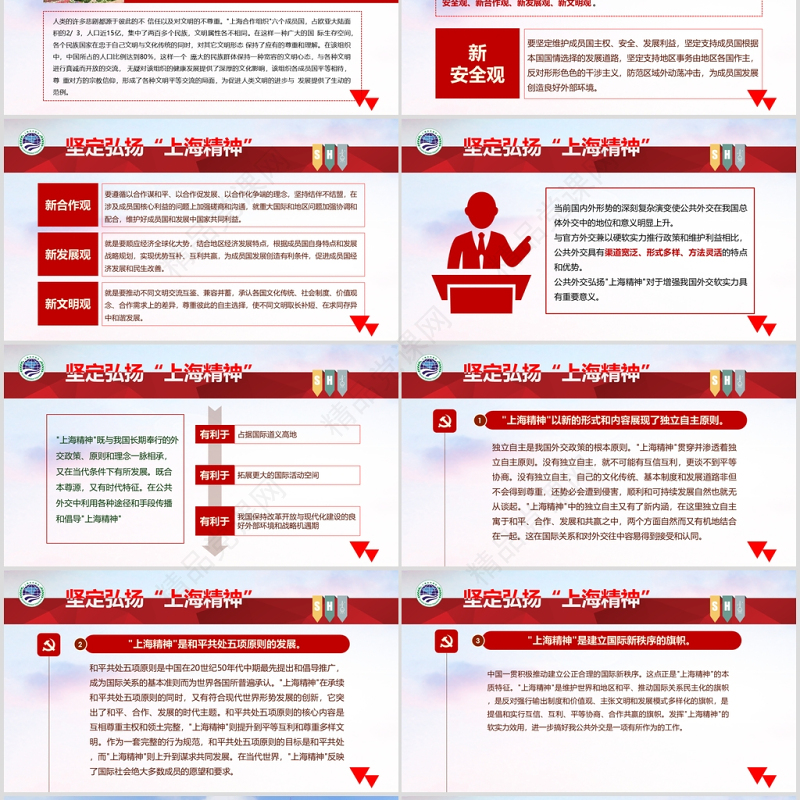 红色简约风地域党课之弘扬上海精神上海党课演讲上海合作组织ppt模板