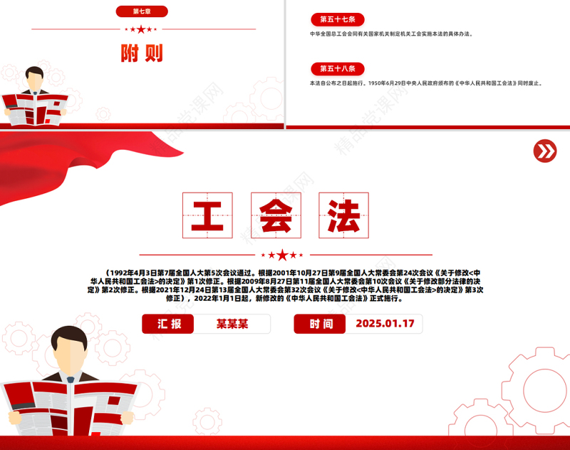红色精美《中华人民共和国工会法》PPT模板