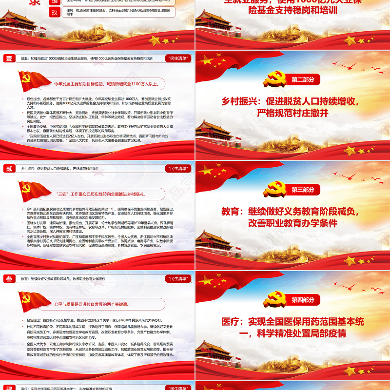 政府工作报告中的“民生清单”PPT红色简约风2022党员干部学习教育专题党课课件 “民生清单” 2022两会 民生清单 政府工作报告五大看点 政府工作报告 两会报告 两会 聚焦两会