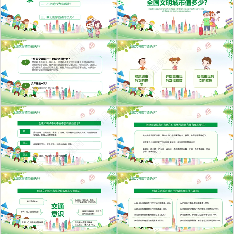 儿童卡通风创建文明城市主题班会课件动态PPT模板