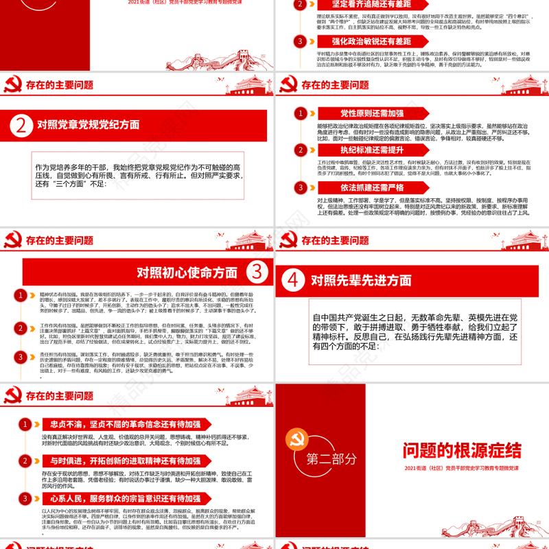 专题组织生活会“四个对照”党性分析PPT街道（社区）党员干部党史学习教育专题微党课模板