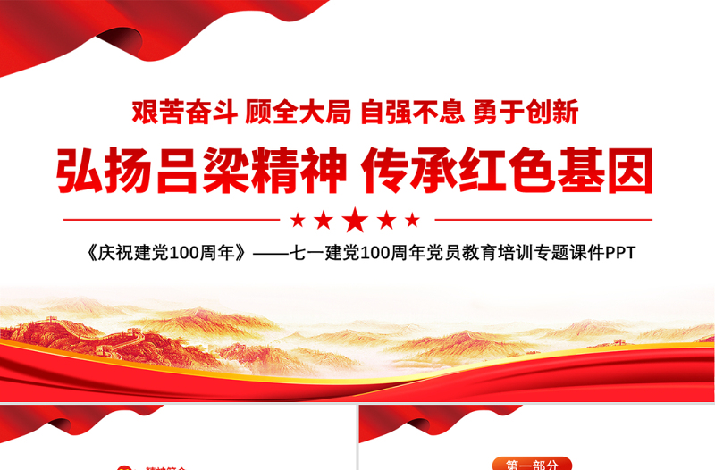 2021弘扬吕梁精神传承红色基因PPT七一建党100周年党员教育培训专题课件PPT模板