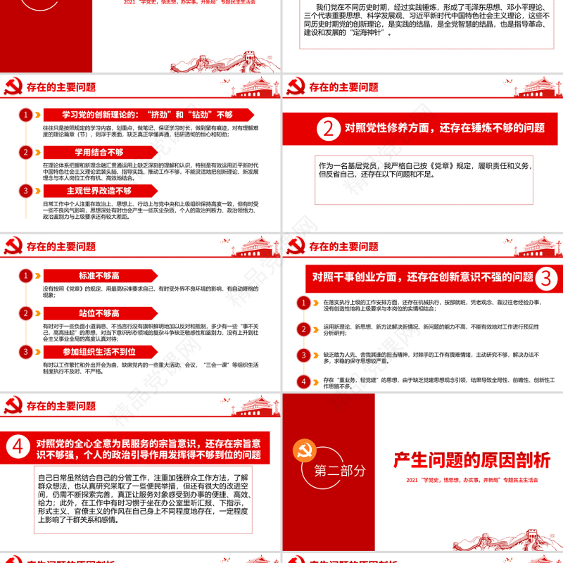 专题组织生活会“四个方面”检视剖析PPT“学党史，悟思想，办实事，开新局”专题生活会党课模板