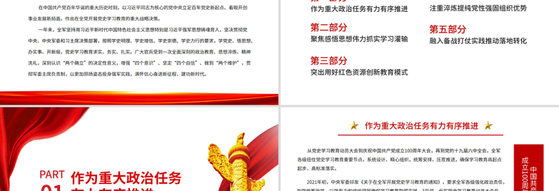 从百年党史中汲取奋斗的强军力量PPT红色精品全军开展党史学习教育综述专题党课课件模板