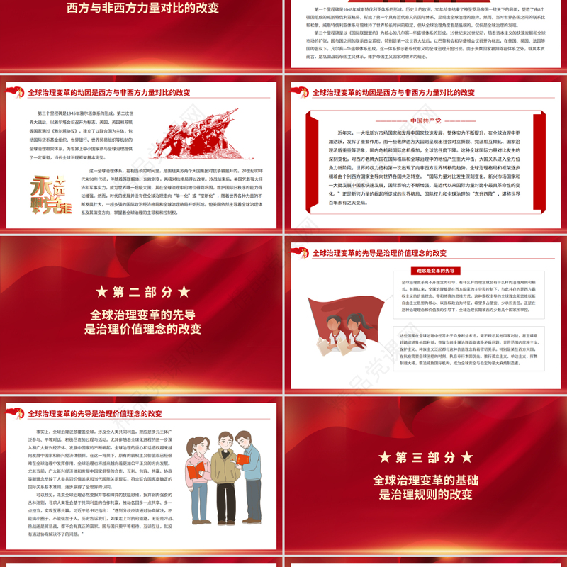世界百年大变局与全球治理大变革PPT红色大气积极参与全球治理变革为完善全球治理贡献中国智慧和方案党课课件