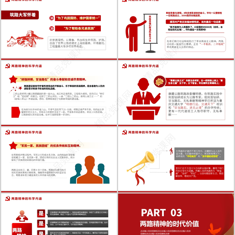 2021"两路"精神的科学内涵和当代价值红色中国风党政PPT模板