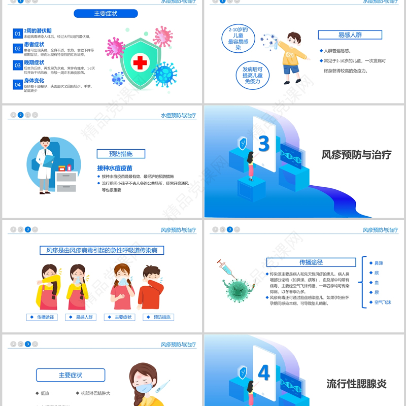 2022春夏季常见传染病预防知识PPT蓝色卡通风中小学生卫生健康主题班会课件模板