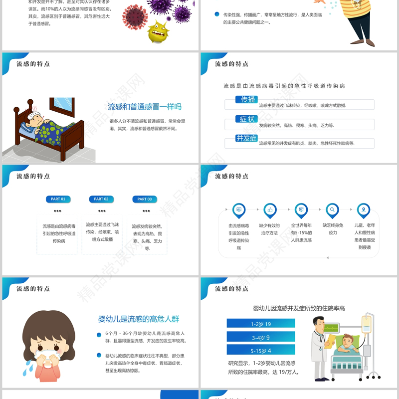 提高自我保健意识预防冬季流感PPT卡通风格中小学生预防流感主题班会课件模板