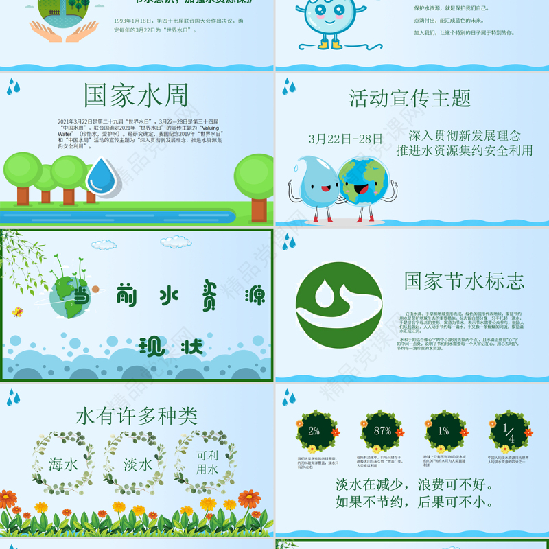 原创水利保护节约水资源自来水世界水日主题班会PPT-版权可商用