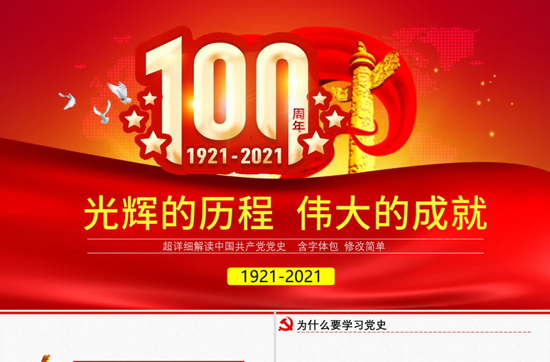 原创中国共产党党史建党100周年党课学习ppt-含讲稿