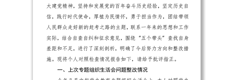 年专题民主生活会个人检视剖析材料（5个带头）