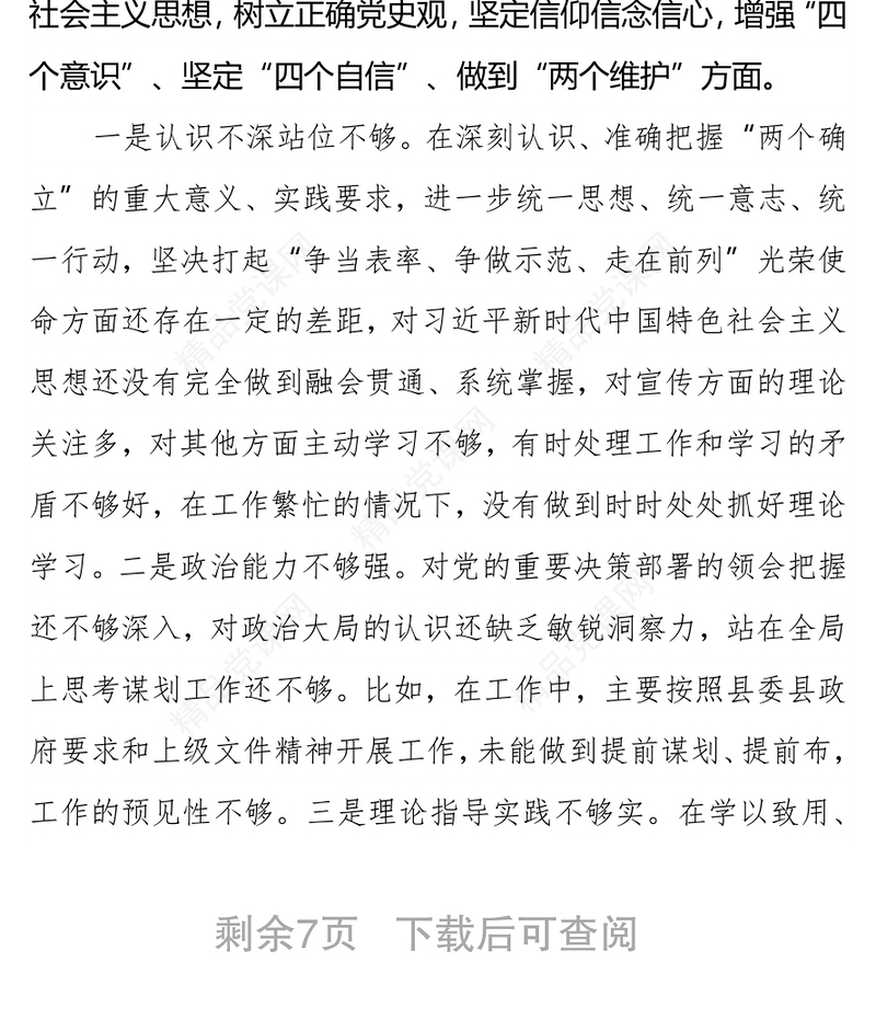 年专题民主生活会个人检视剖析材料（5个带头）