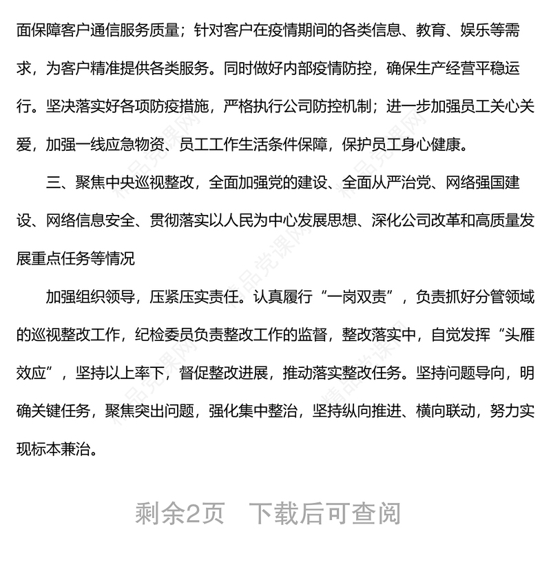 公司纪检委员落实全面从严治党主体责任情况报告