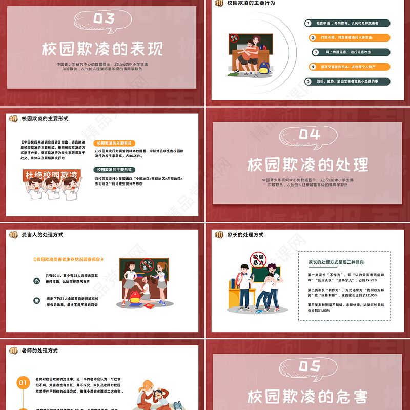 反对校园霸凌PPT插画风预防校园欺凌主题班会课件