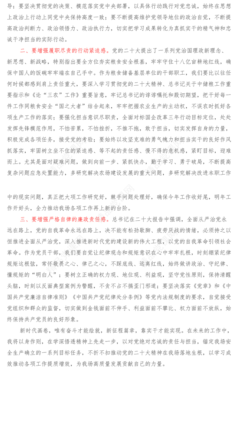 基层国企分管领导学习二十大理论中心组研讨发言