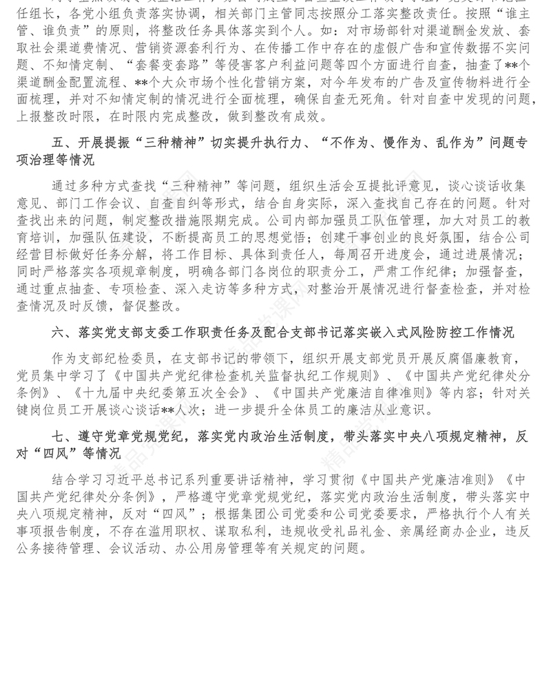 纪检委员落实全面从严治党主体责任情况报告