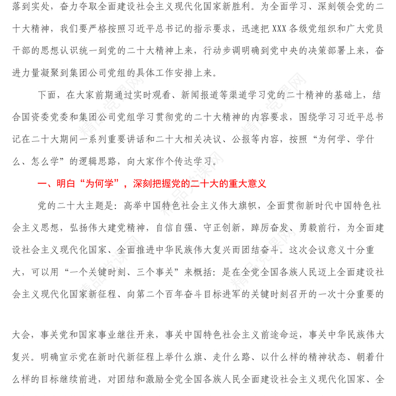 国企党委书记在传达学习党的二十大精神专题会议上的讲话