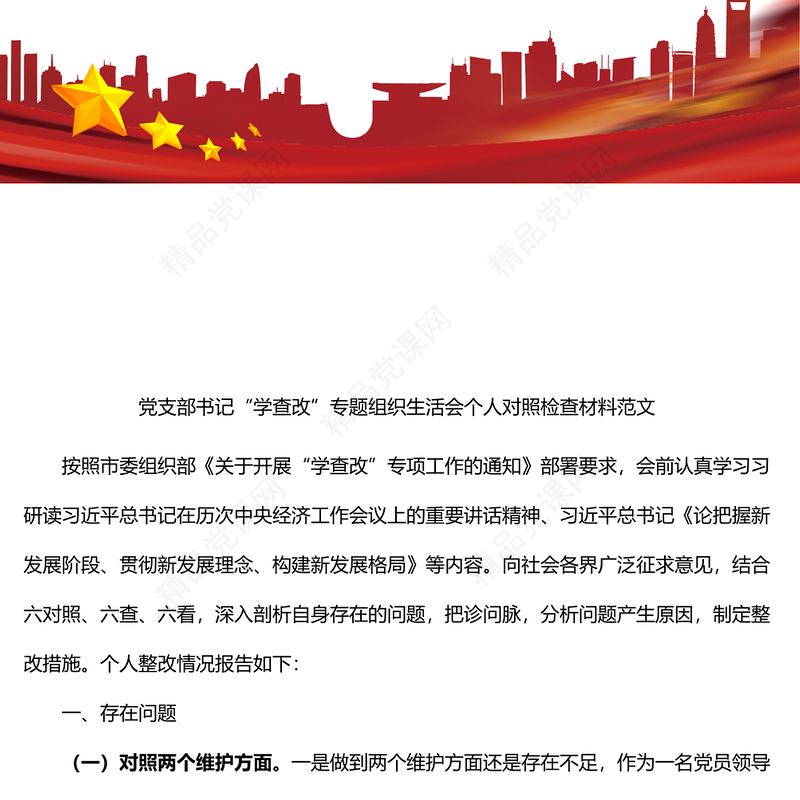 党支部书记学查改专题组织生活会个人对照检查材料文六对照六查六看学习研讨查摆问题发言提纲