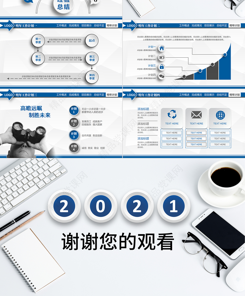 2021潘通蓝简洁办公风工作总结工作计划PPT模板