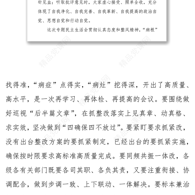 村官工作总结脱贫攻坚专项巡视整改专题民主生活会总结讲话稿