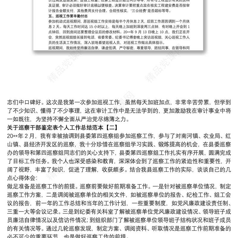 关于巡察干部鉴定表个人工作总结范本