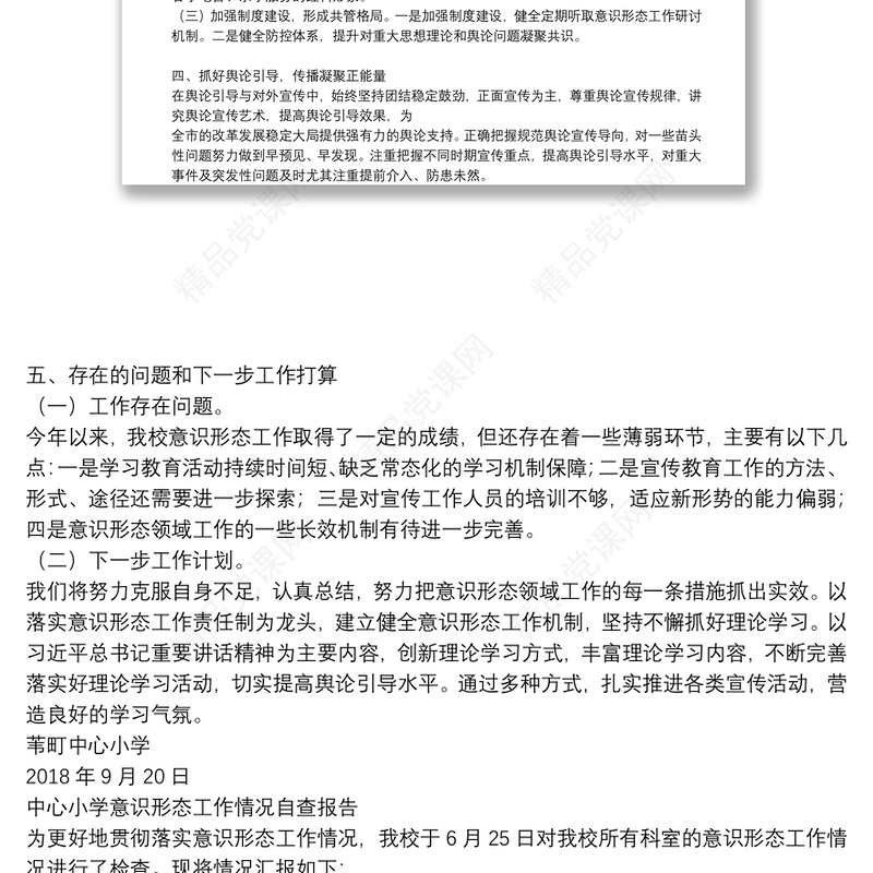 中心小学意识形态工作情况自查报告