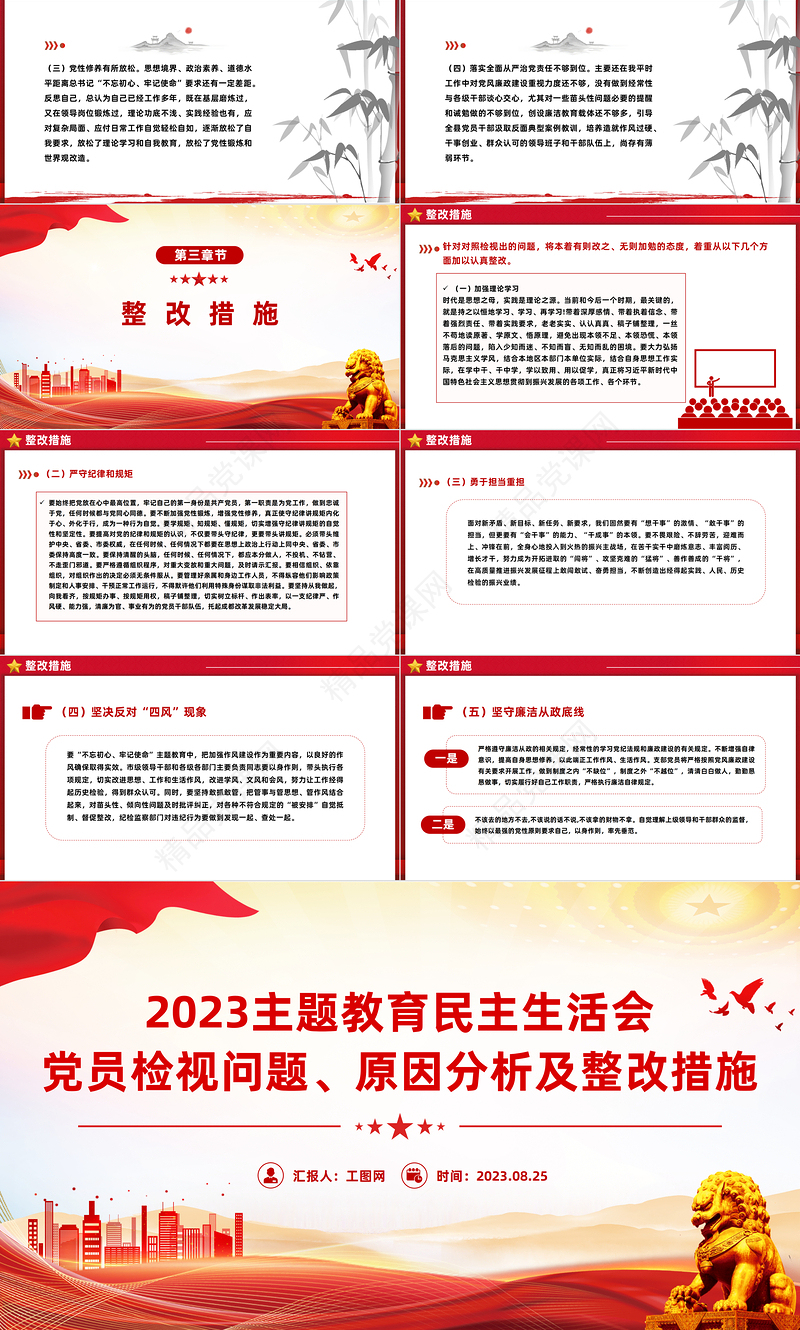 2023主题教育民主生活会PPT党政风简约党员检视问题原因分析及整改措施模板