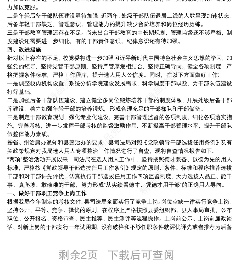 选人用人工作自查报告范文