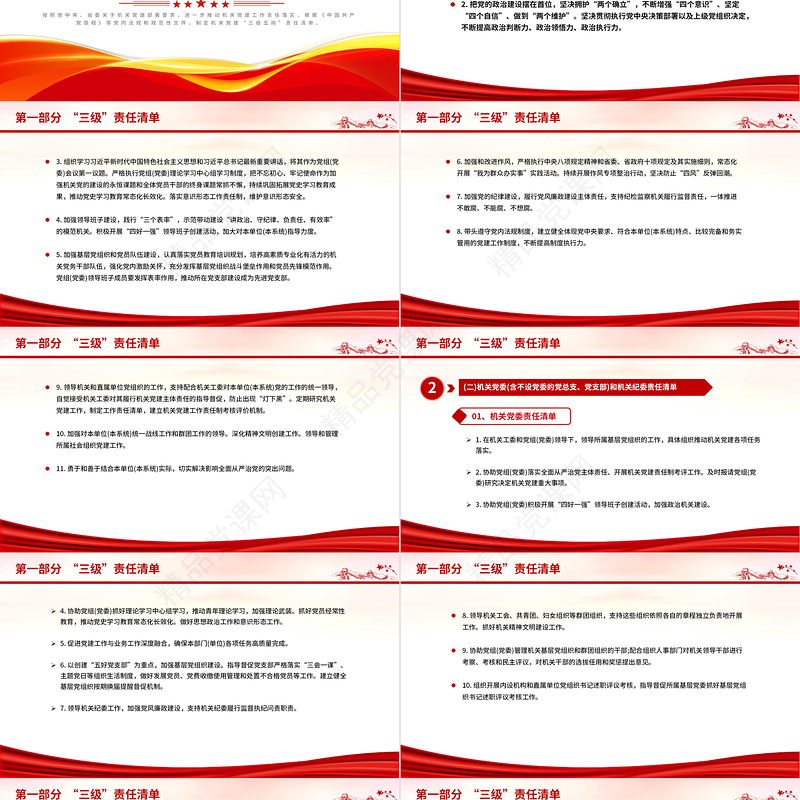 机关党建“三级五岗”责任清单PPT红色简洁任务清单化方式推动落实机关党建主体责任党课课件